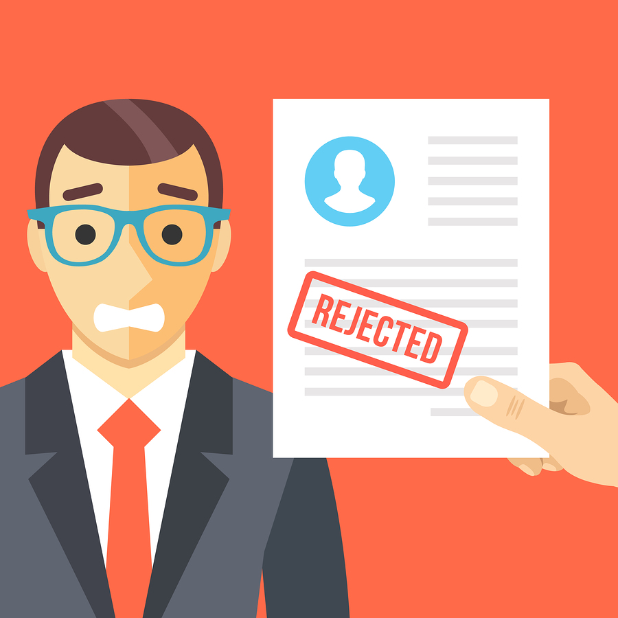 Sad man and rejected application form flat illustration concept. Modern flat design concepts for web banners, websites, printed materials, infographics. Red background. Creative vector illustration